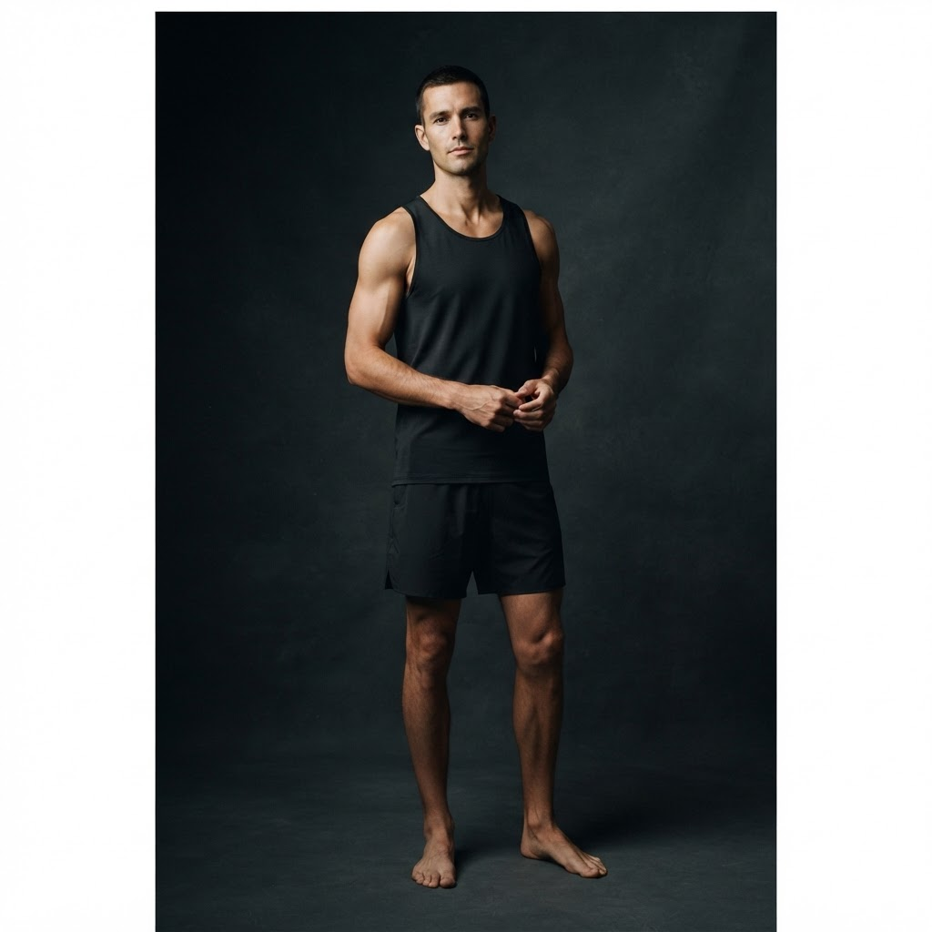 A man wearing all-black KŪRK ACTIVE performance wear in a dark studio