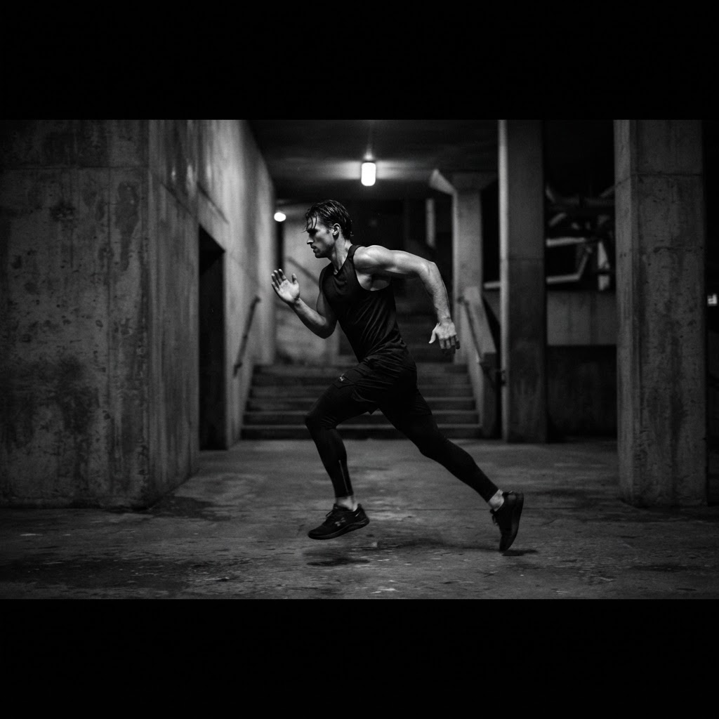A man running at night in all-black KŪRK ACTIVE technical wear